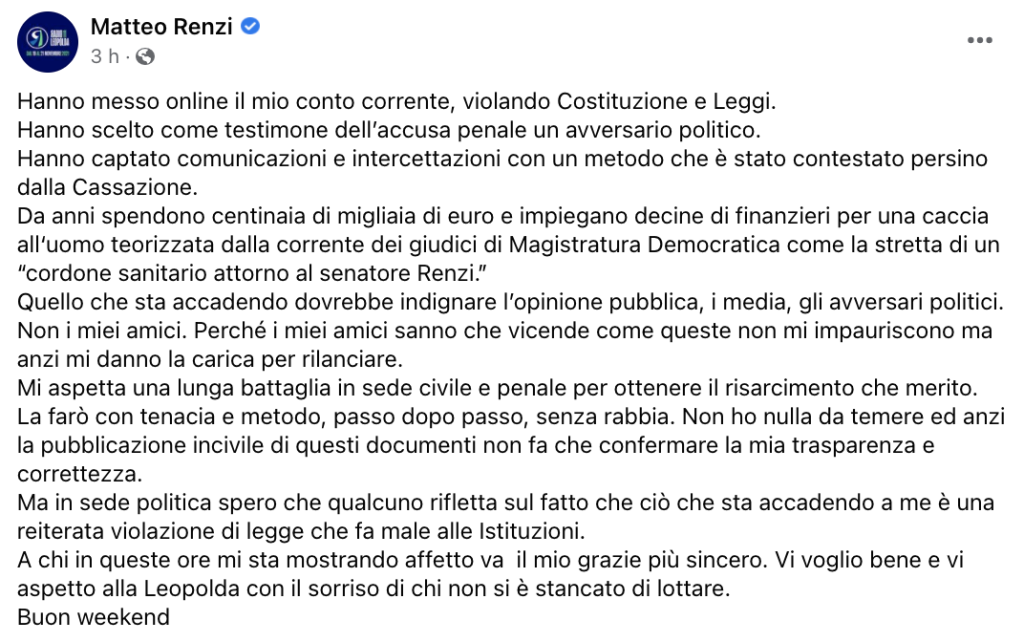 post facebook di Matteo Renzi