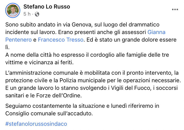 Il post Facebook del sindaco Stefano Lo Russo