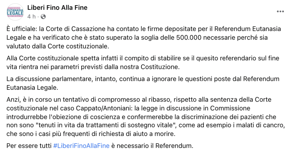 Post Facebook di Liberi fino alla fine