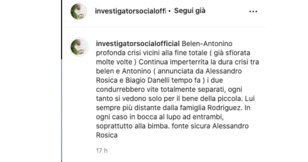 Il post di Alessandro Rosica su Instagram sul suo profilo Investigatore social 