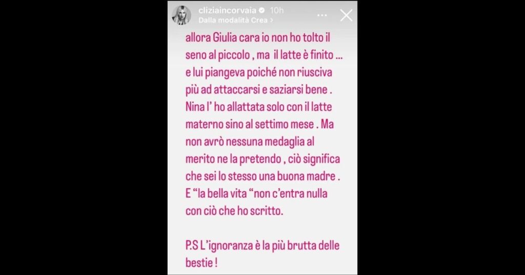 Clizia Incorvaia presa di mira sui perché non può più allattare Gabriele: la replica dell'influencer