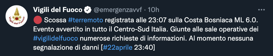 Tweet dei Vigili del Fuoco