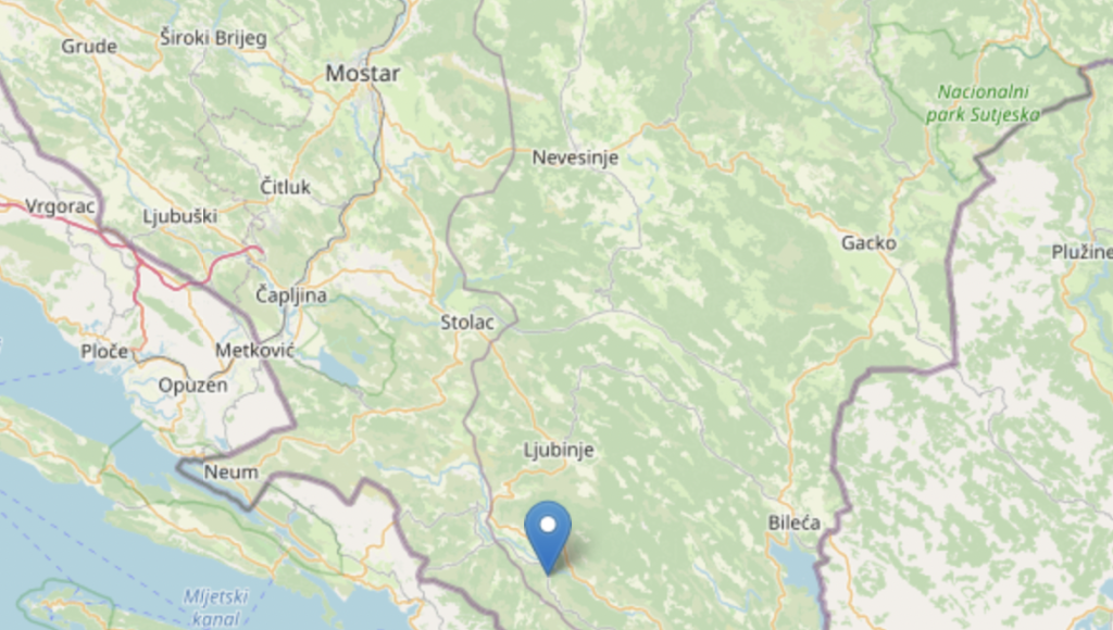 La zona della scossa di terremoto in Bosnia Erzegovina