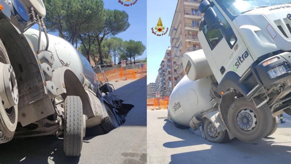 Roma Quadraro, betoniera inghiottita da una voragine: paura in via Sestio Menas