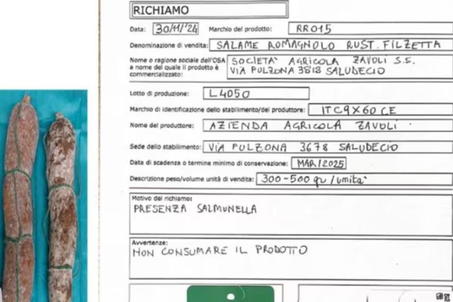 salame ritirato commercio salmonella