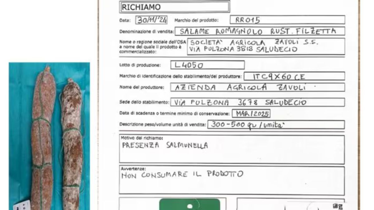 salame ritirato commercio salmonella