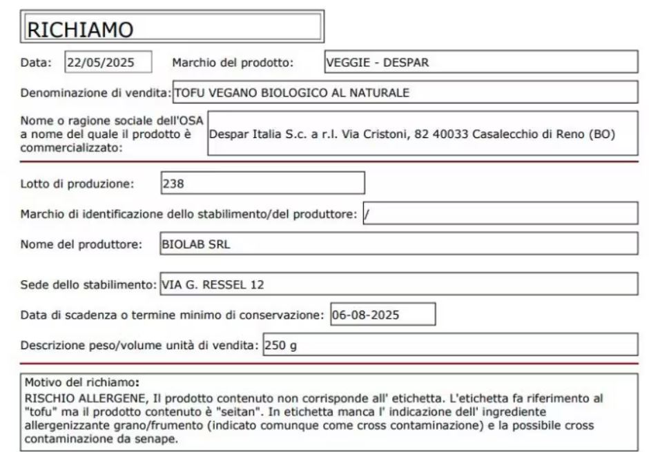 Despar, richiamo alimentare