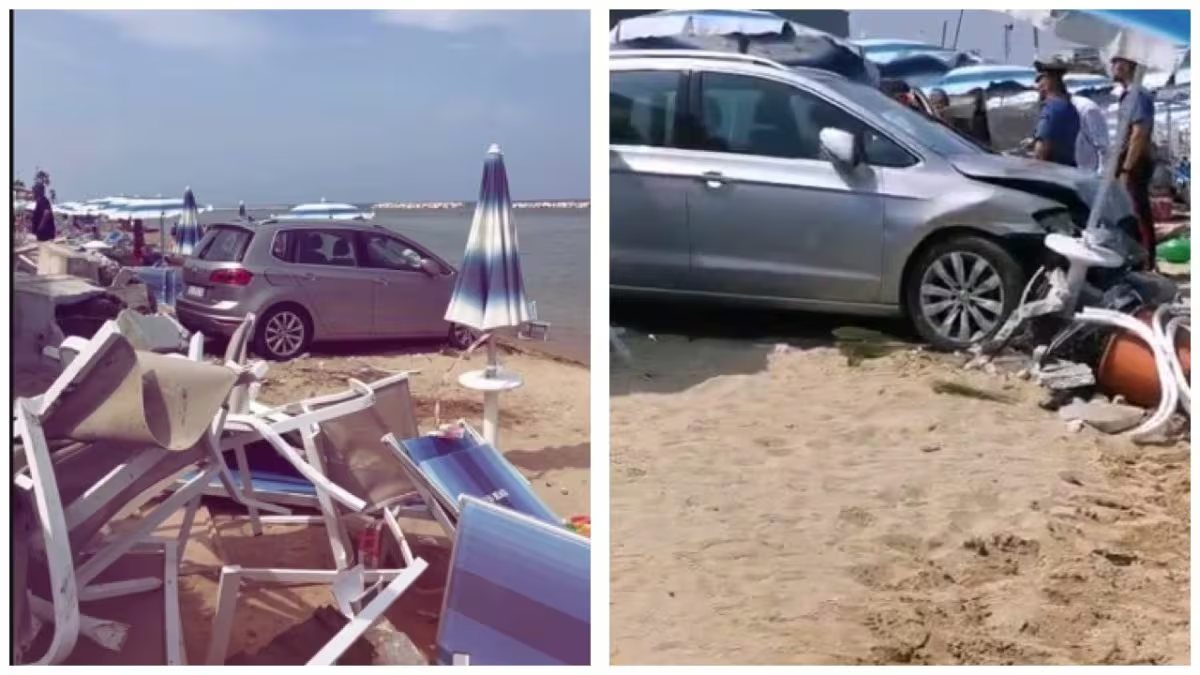 Follia sulla spiaggia italiana: auto impazzita travolge sdraio e investe le persone Follia sulla spiaggia italiana: auto impazzita travolge sdraio e investe le persone