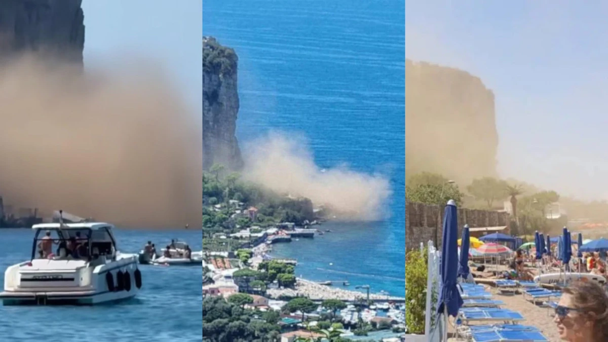Frana sulla costa, paura tra i turisti: una nube di detriti invade la spiaggia Frana sulla costa, paura tra i turisti: una nube di detriti invade la spiaggia