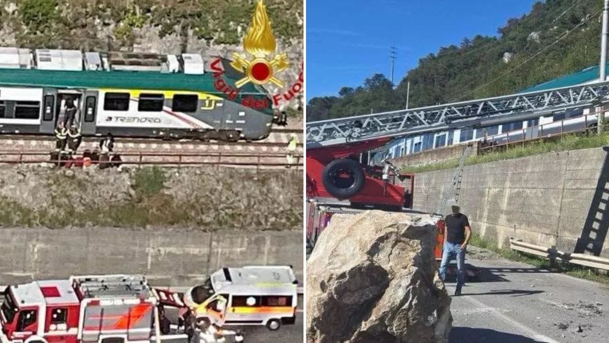 Italia, enorme masso crolla dalla montagna e finisce in strada, coinvolto un treno: 500 passeggeri a bordo