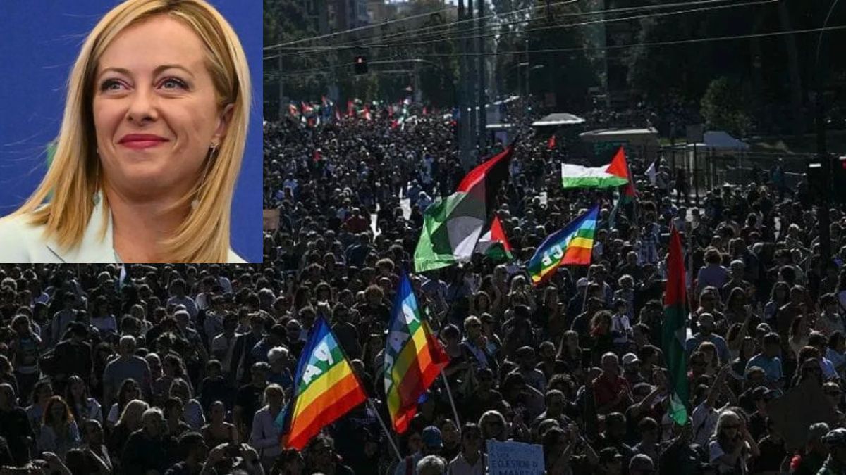 manifestazione a roma per gaza striscione pro 7 ottobre dietro la testa del corteo