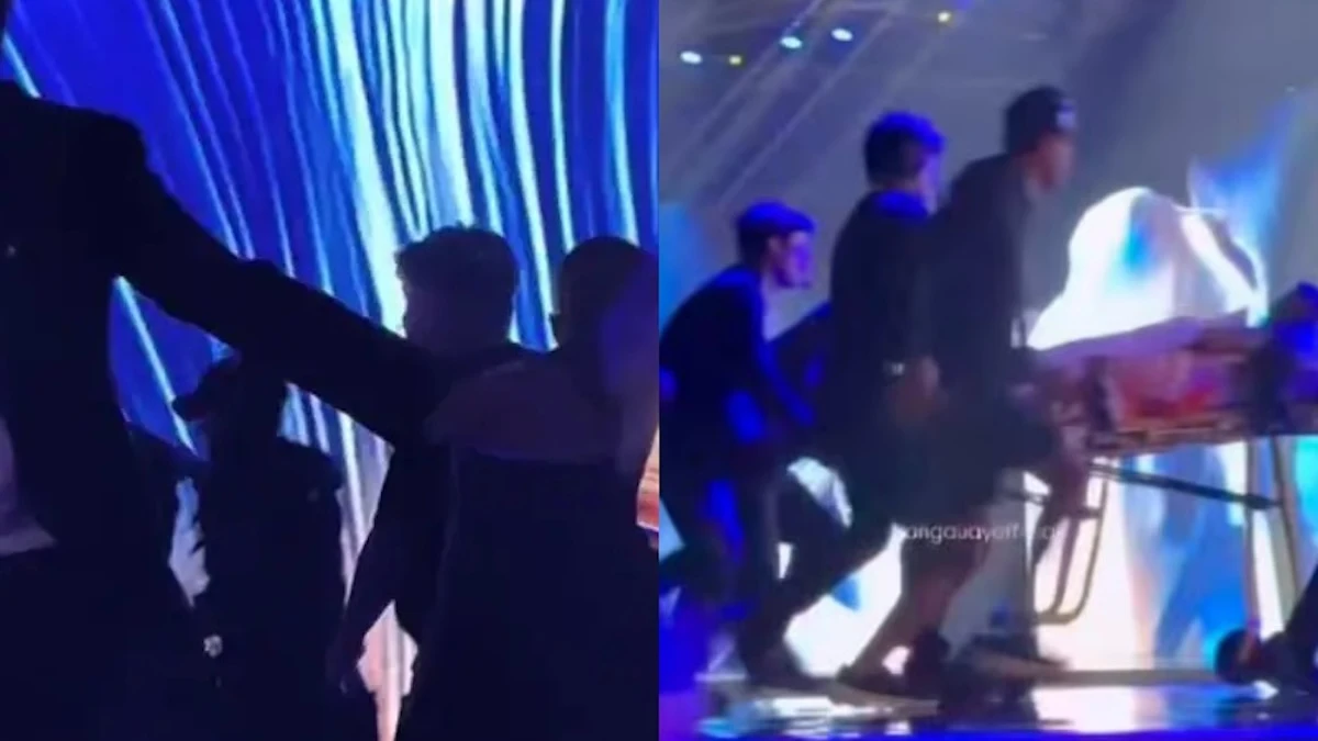 Caduta choc sul palco, la bellissima portata via in barella: tutti gelati