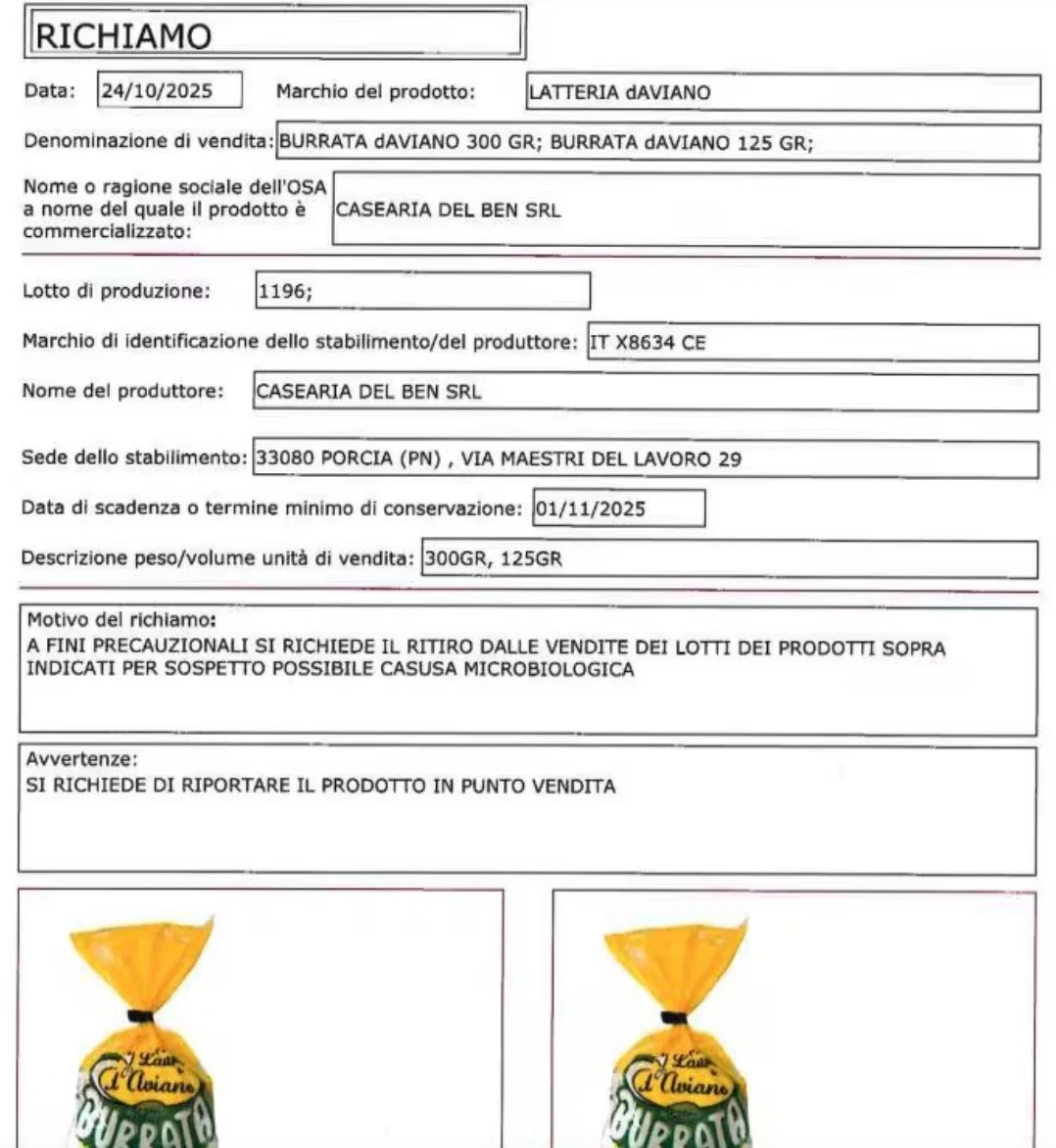 Richiamo alimentare nei supermercati