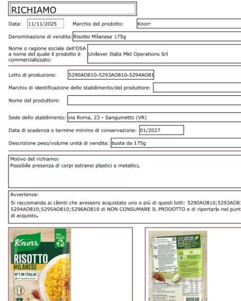 Avviso di ritiro Knorr per rischio corpi estranei