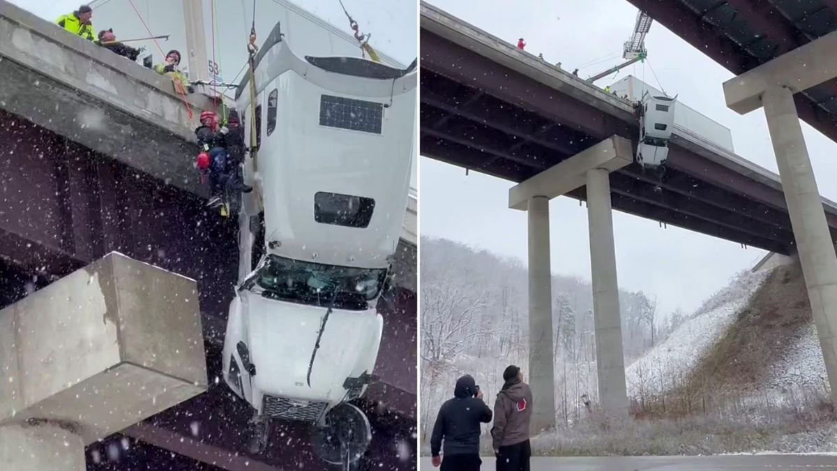 Incidente spaventoso, il camion resta in bilico così: il video, da brividi