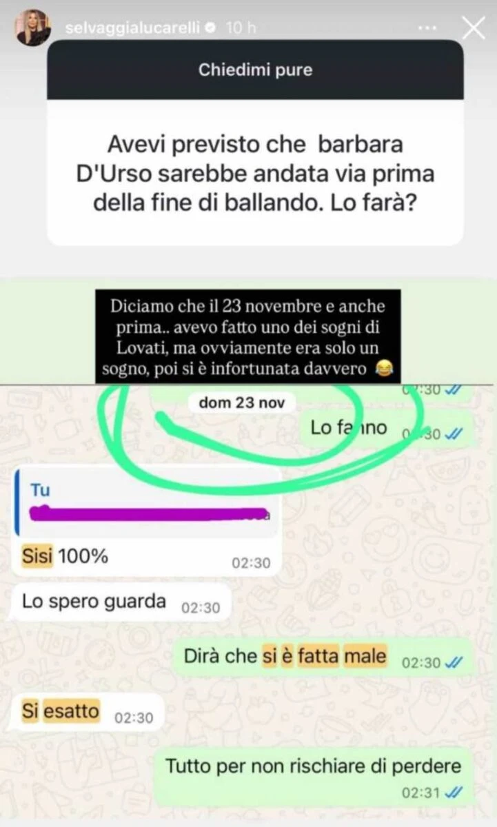 Screenshot della chat di Selvaggia Lucarelli
