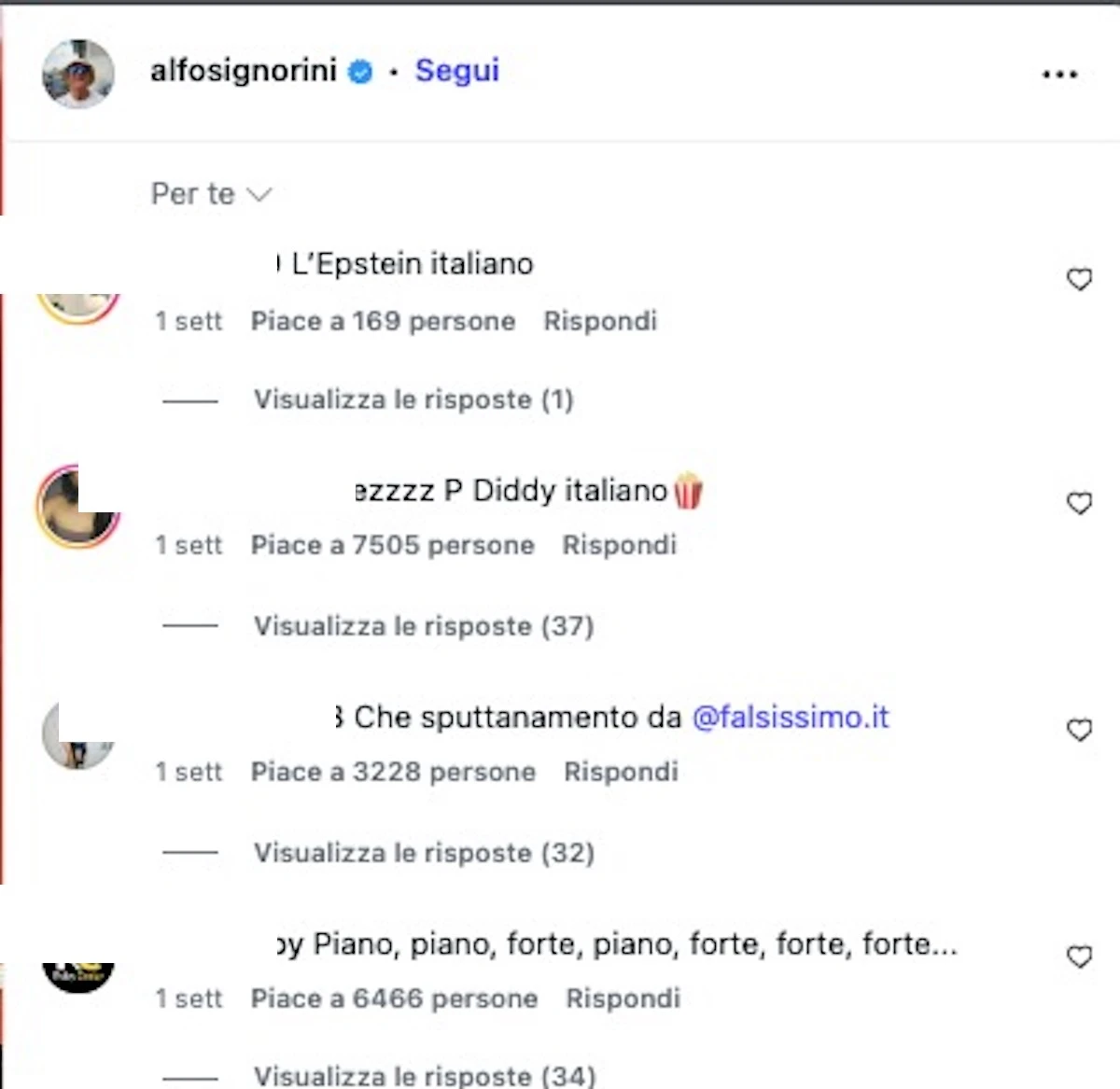 Screenshot di commenti e reazioni social al caso Alfonso Signorini