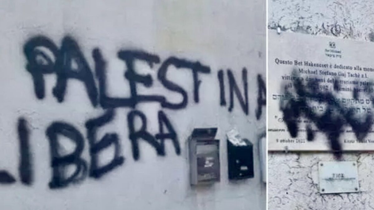 Vandalizzata la sinagoga a Roma, il Tg1 mostra le immagini degli autori delle scritte pro Palestina