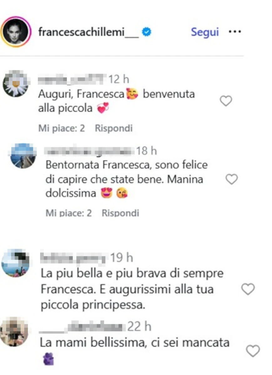 Commenti e auguri sotto il post social di Francesca Chillemi