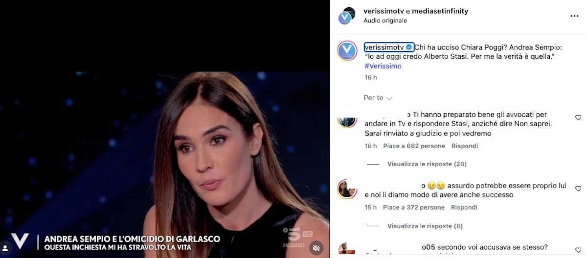 Un momento dell'intervista ad Andrea Sempio a Verissimo