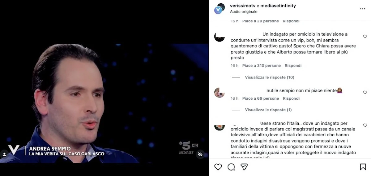 Andrea Sempio in primo piano durante l'intervista a Verissimo