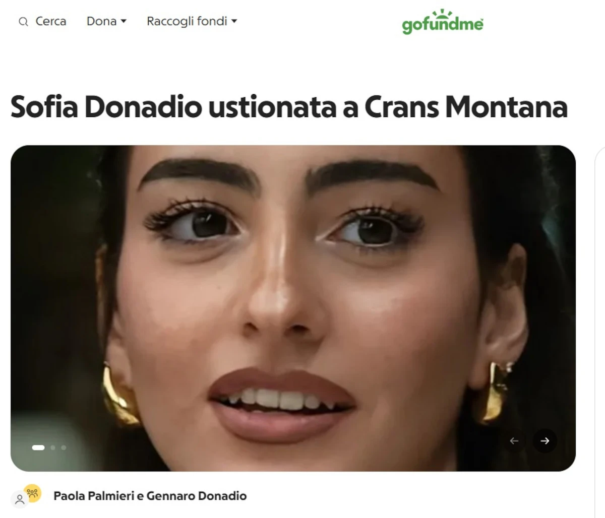 Schermata della raccolta fondi GoFundMe dedicata a Sofia Donadio