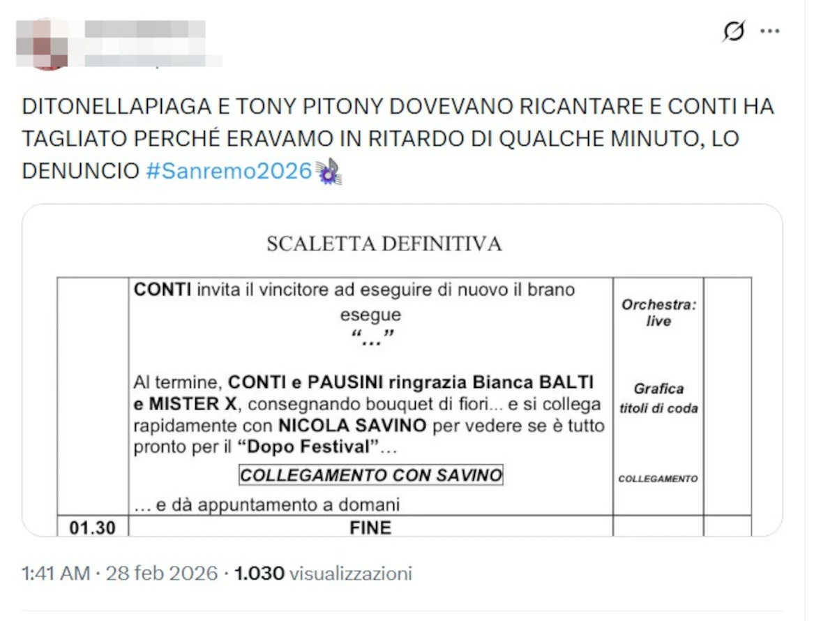 Schermata con il commento social e la scaletta della serata cover di Sanremo 2026