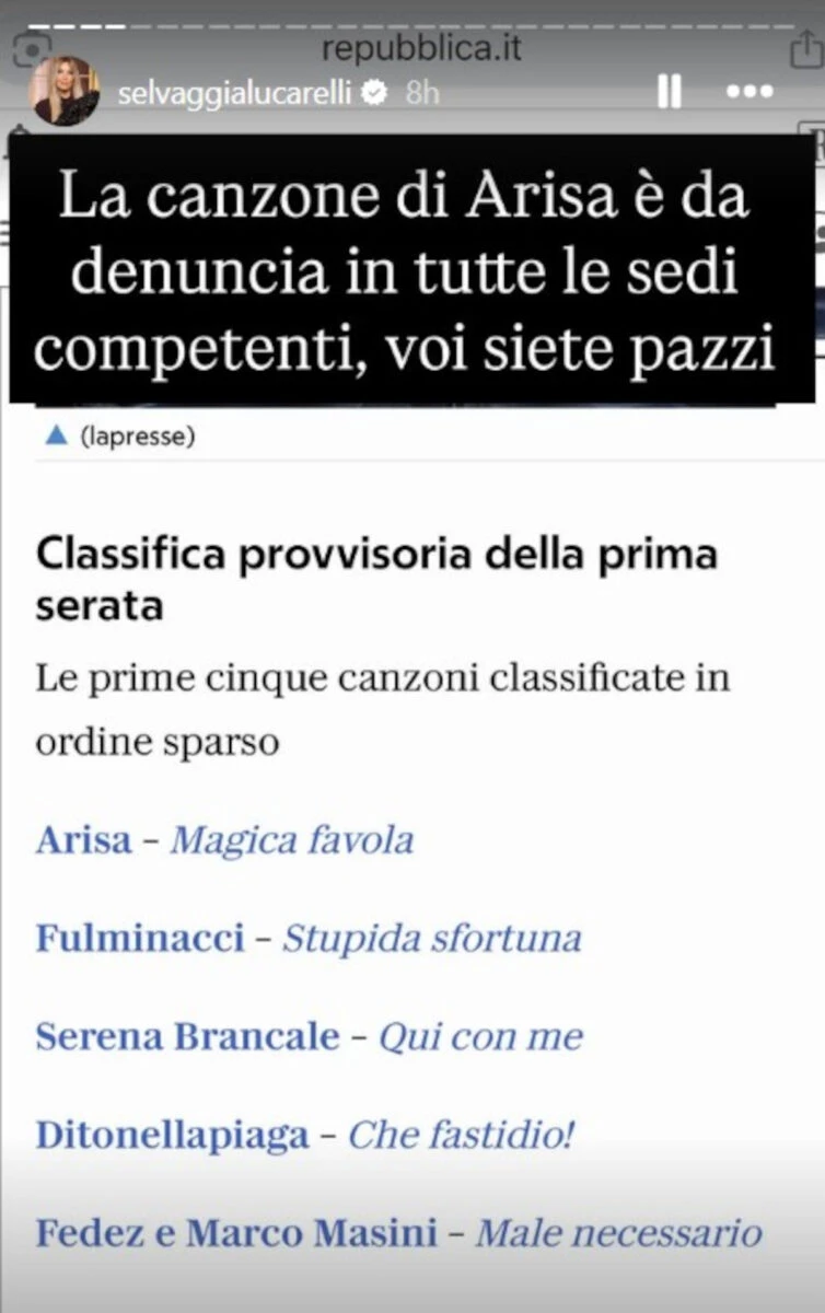 Screenshot del commento di Selvaggia Lucarelli su Sanremo 2026