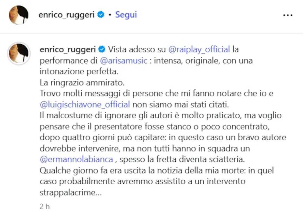 Screenshot del commento social di Enrico Ruggeri sulla mancata citazione a Sanremo