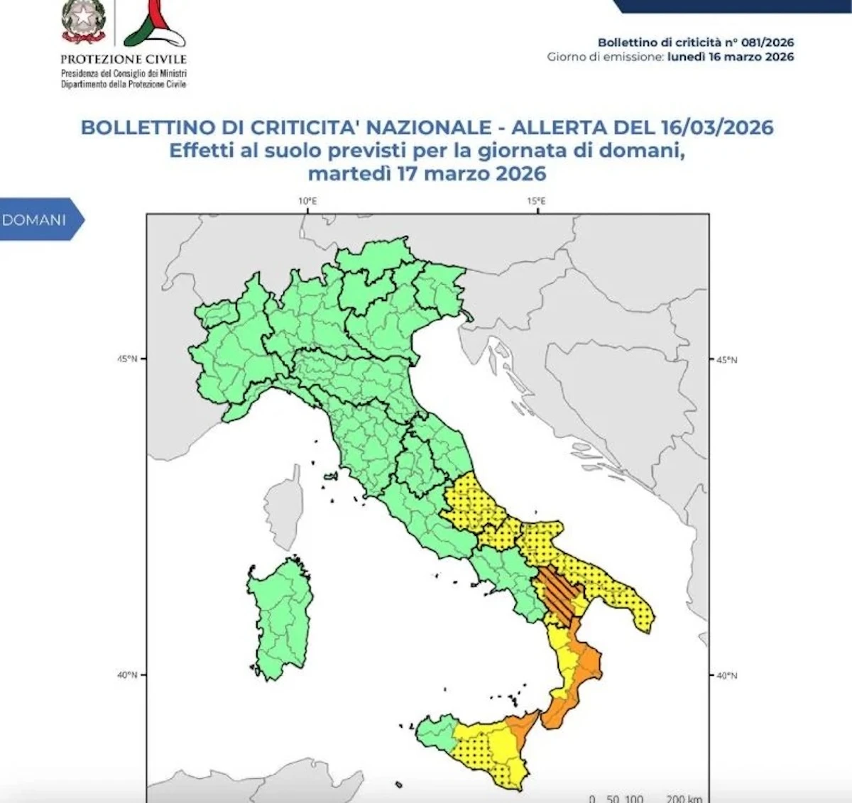 Bollettino meteo della Protezione civile: aree in allerta arancione e gialla