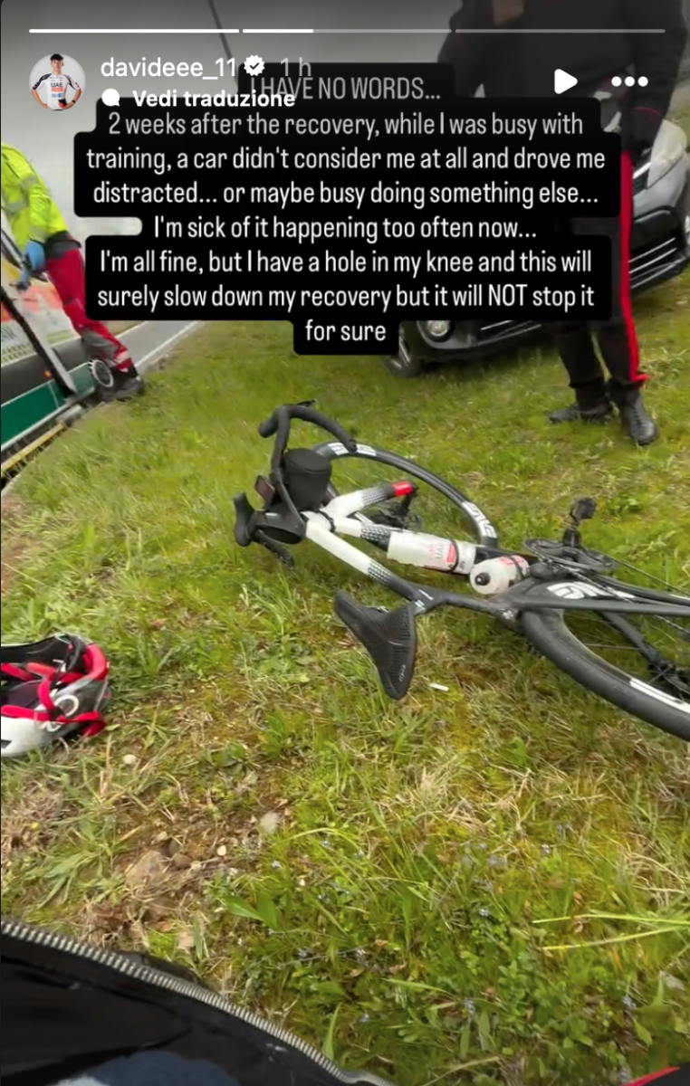 Schermata del messaggio di Davide Stella dopo l’incidente