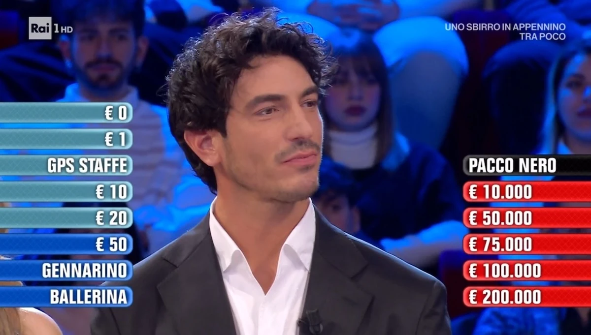 Momento della partita di Affari tuoi con pacchi e premi rimasti