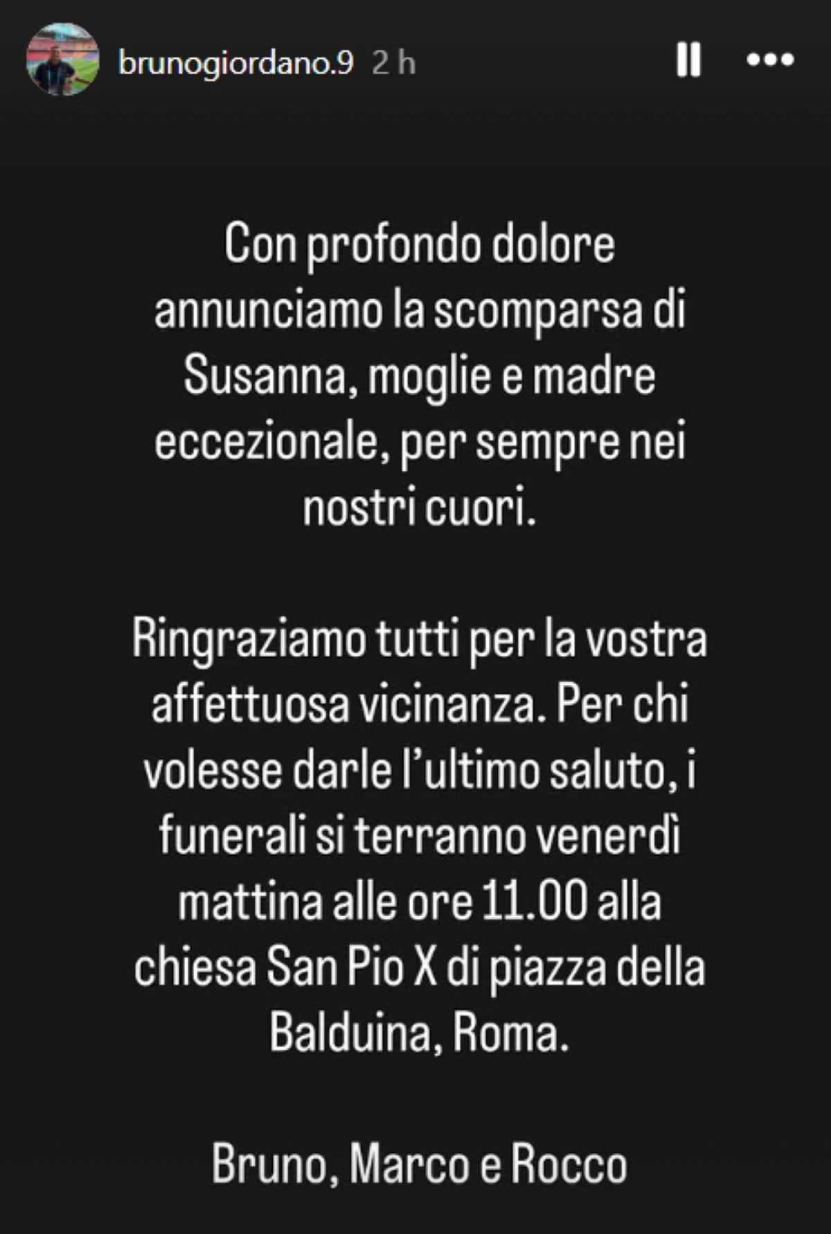Lutto per Bruno Giordano: scomparsa la moglie Susanna