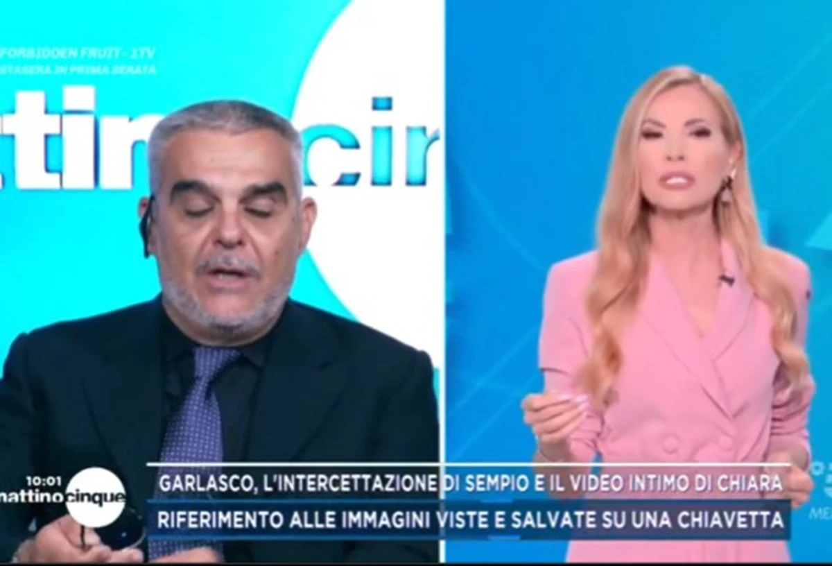 Studio di Mattino Cinque durante la discussione sul caso Garlasco e le intercettazioni