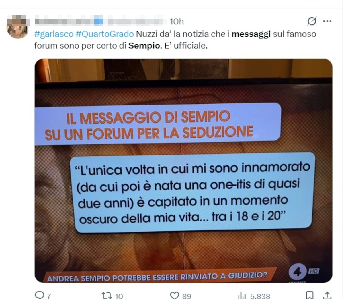 Quarto Grado, immagine della puntata in cui si discute del caso Garlasco