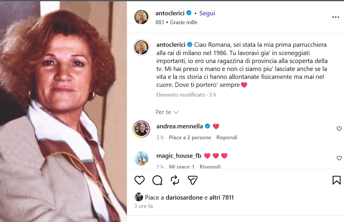 Antonella Clerici in un'immagine a corredo del post sul lutto