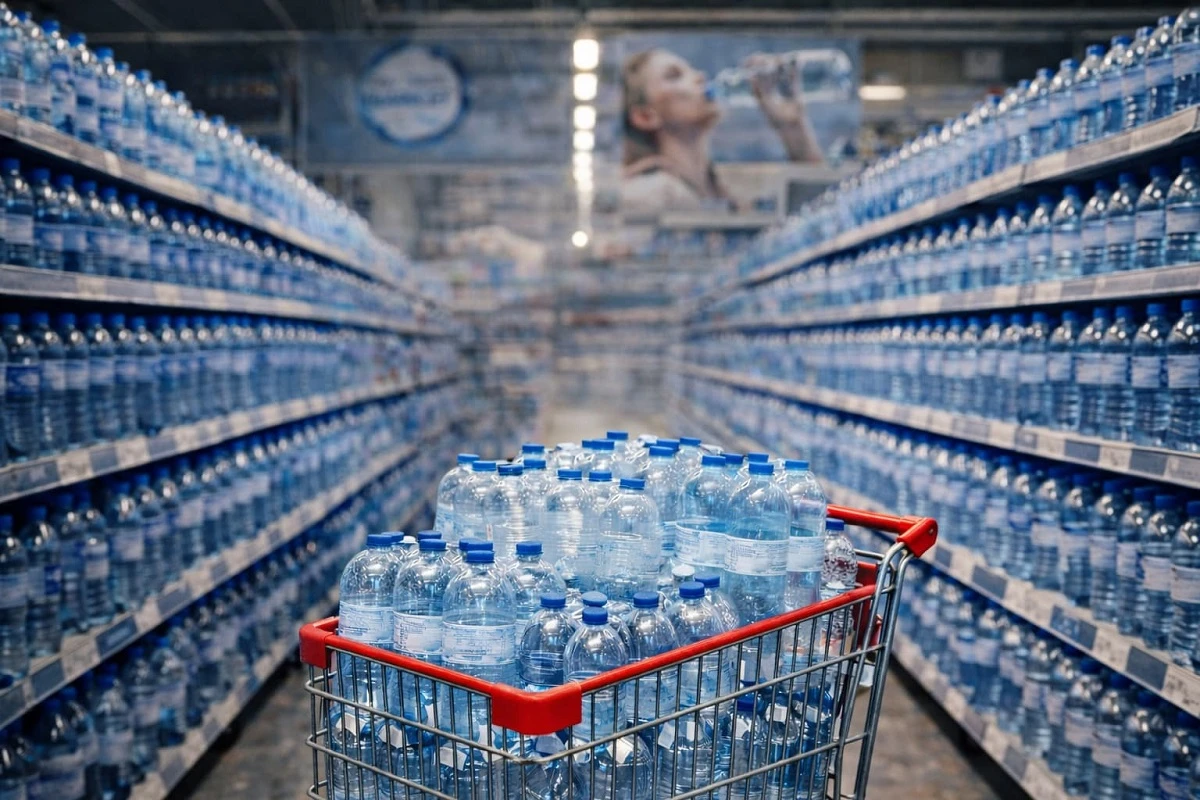 Scaffale del supermercato con confezioni di acqua minerale