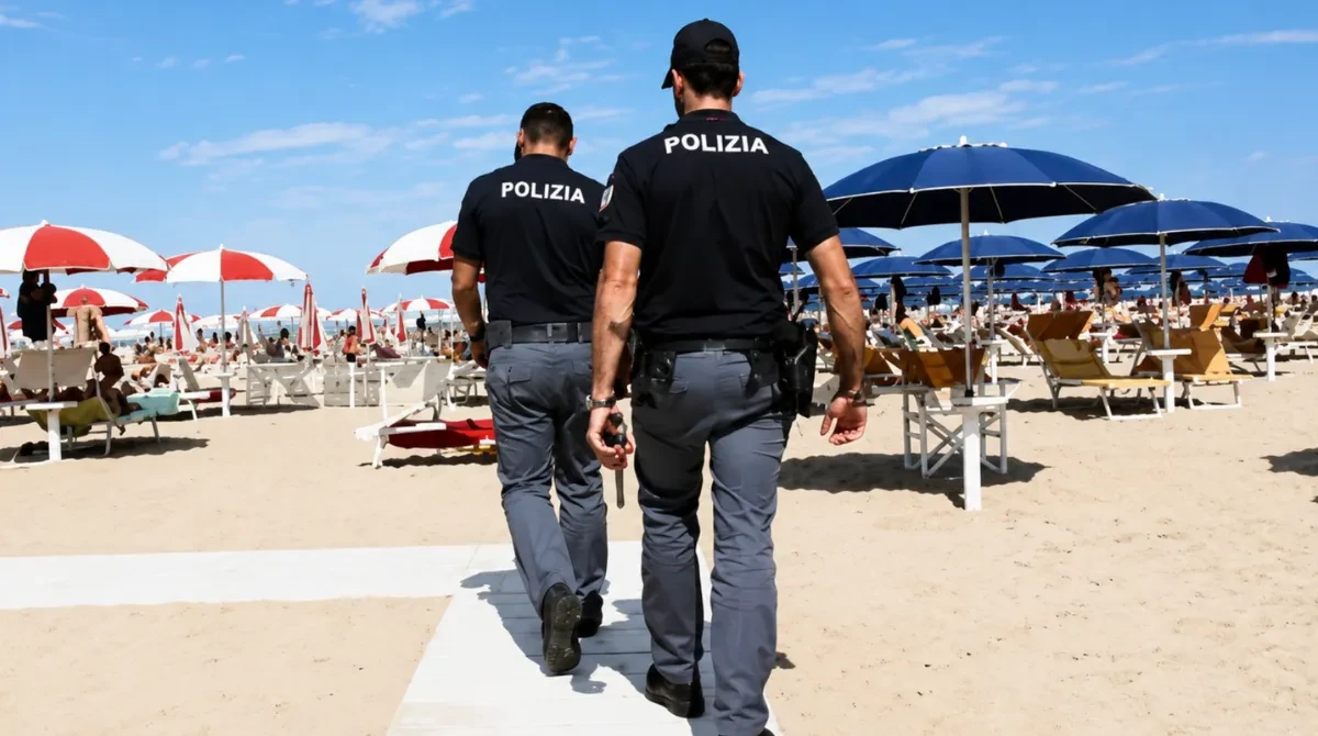 Spiaggia libera di San Benedetto del Tronto in una giornata estiva, a illustrare l'aggressione a una 22enne poi bloccata dai bagnanti intervenuti