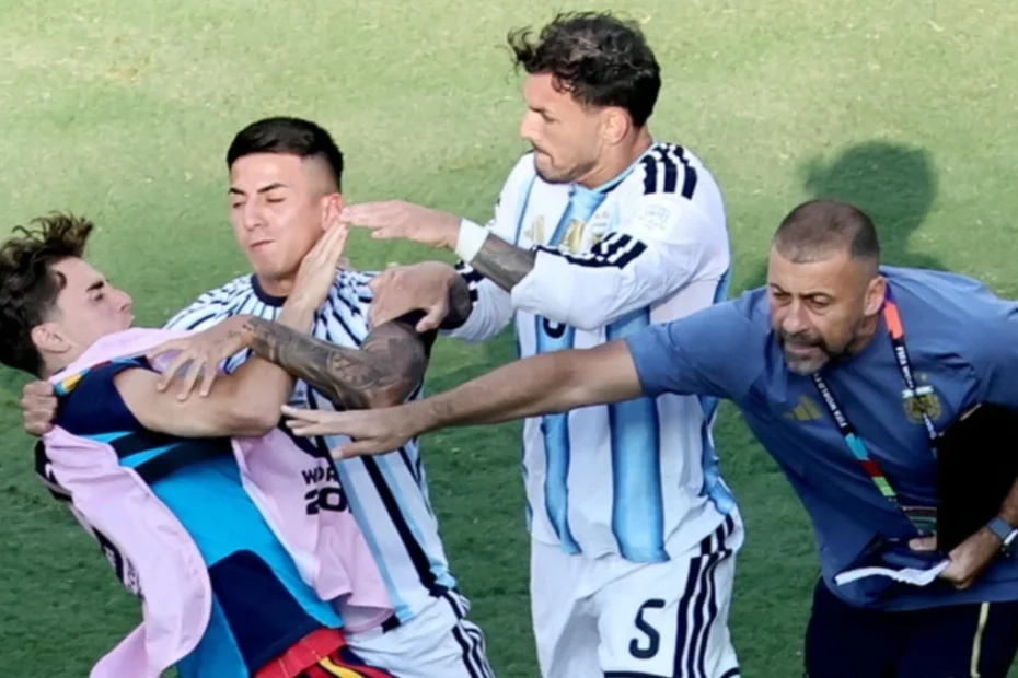 Momenti della rissa tra Spagna e Argentina dopo la finale del Mondiale
