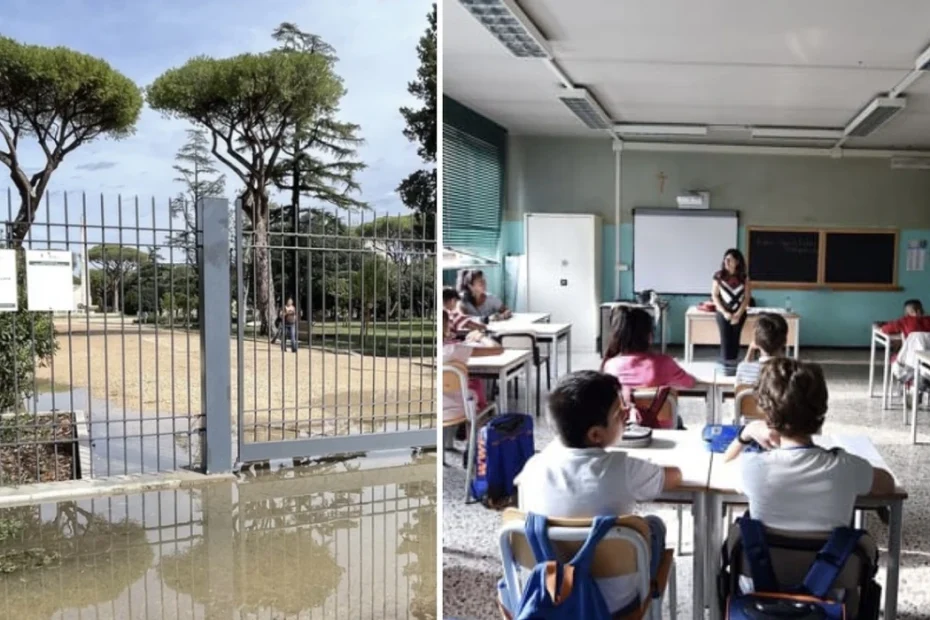 Pioggia battente davanti a una scuola: venerdì 9 ottobre scuole chiuse in diversi comuni per l