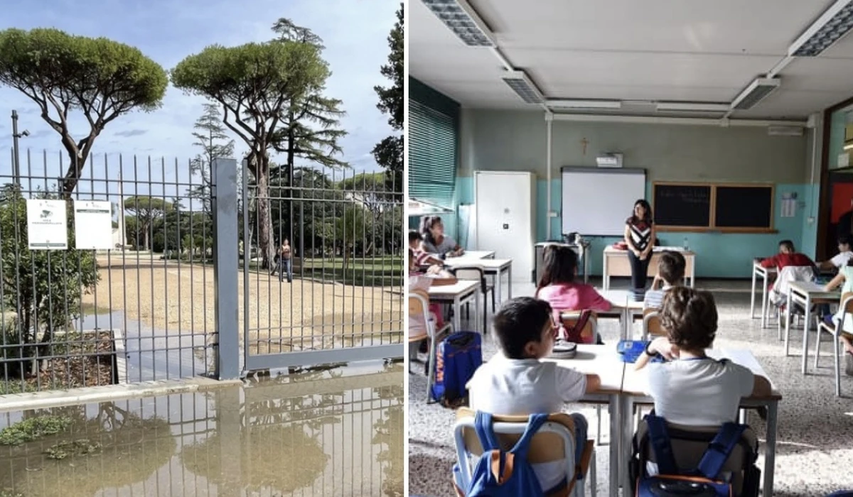 Pioggia battente davanti a una scuola: venerdì 9 ottobre scuole chiuse in diversi comuni per l